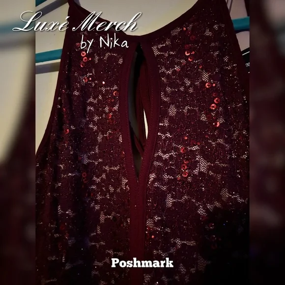 Morgan & Co Sequined Halter Maxi Formal Mermaid Dress - Color Merlot/Nude Size 5 - Picture 10 of 10